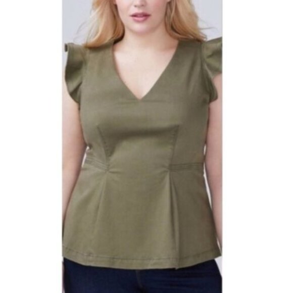 Lane Bryant Plus Size 20 Army Green Flutter Sleeve Canvas Peplum V-Neck Top Blou - Picture 1 of 11